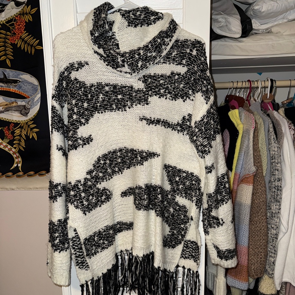 Black and White Turtleneck Tunic with Fringe